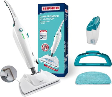 Leifheit Dampfreiniger CleanTenso Power 2.0 mit heißem Wasserdampf gegen Bakterien, Dampfmop mit kurzer Aufheizzeit und 50min Wischdauer, Dampfbesen für Eckenreinigung, Dampfwischer in modernem Design im Sale